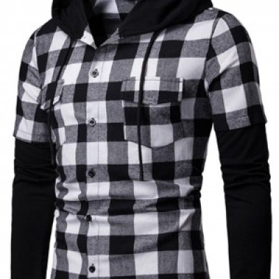 SKLS010 custom-made hooded long-sleeve plaid shirt Men's fake two-piece shirt supplier 45 degree